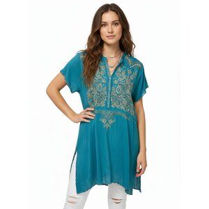 Johnny Was Women's Tunic Top Short Sleeve Teal Tan Embroidery Side Slits Size S